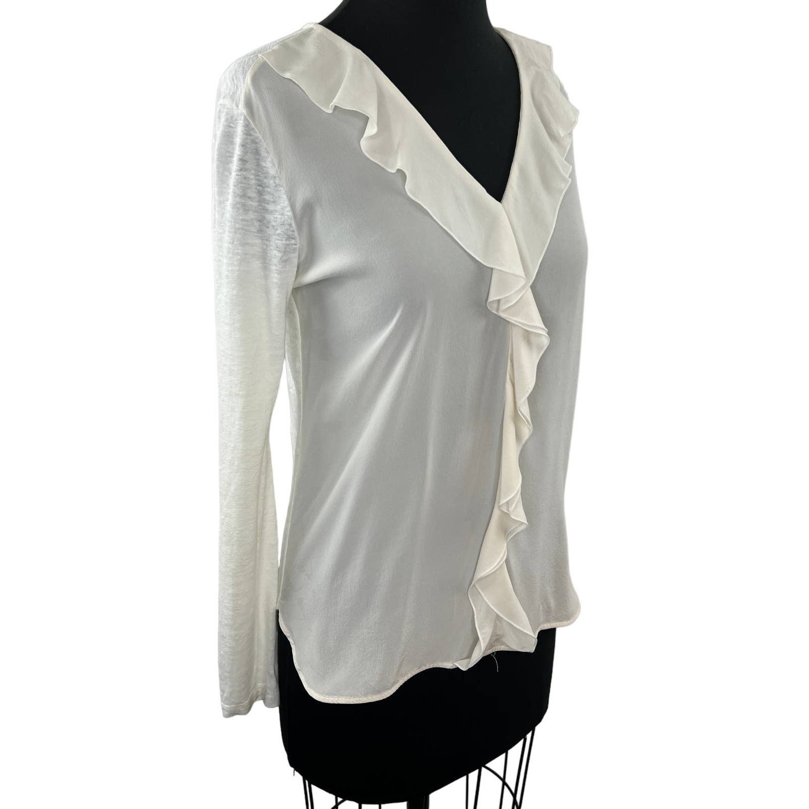 Sandro Paris Women's White Long Sleeve Ruffle V-Neckline Pullover Blouse Top
